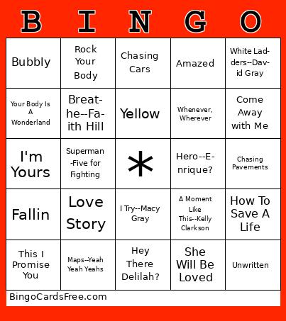 2000s Love Songs Bingo Cards Free Pdf Printable Game, Title: BINGO