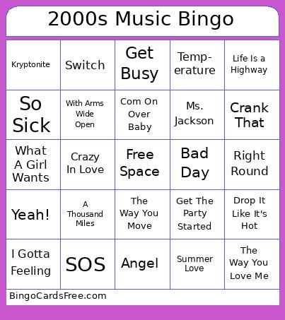 2000s Music Bingo Cards Free Pdf Printable Game, Title: 2000s Music Bingo