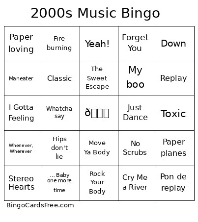 2000s Music Bingo Card