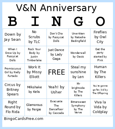 2000's Music Anniversary Party Bingo Card