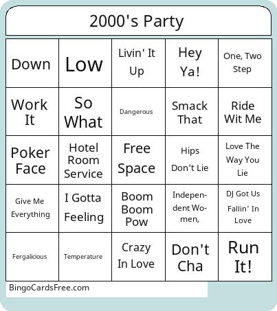 2000's Party Hits Bingo Cards Free Pdf Printable Game, Title: 2000's Party