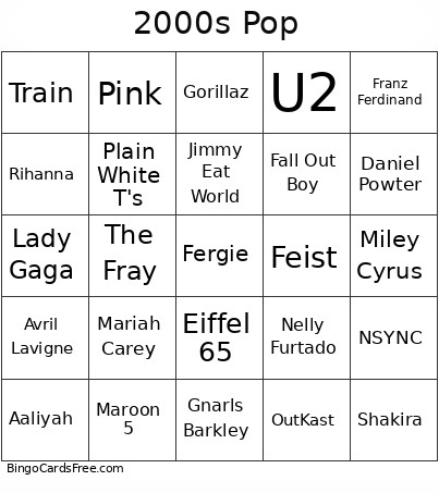 2000s Pop Bingo Card