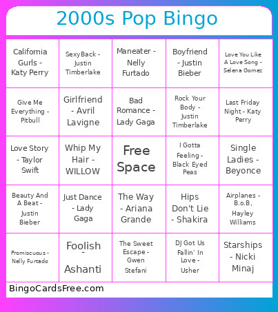 2000s Pop Bingo Card