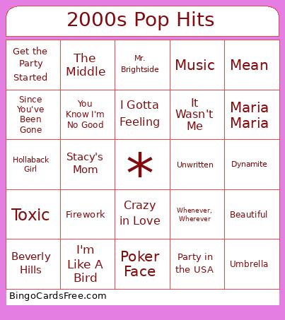 2000s Pop Hits Bingo Cards Free Pdf Printable Game, Title: 2000s Pop Hits