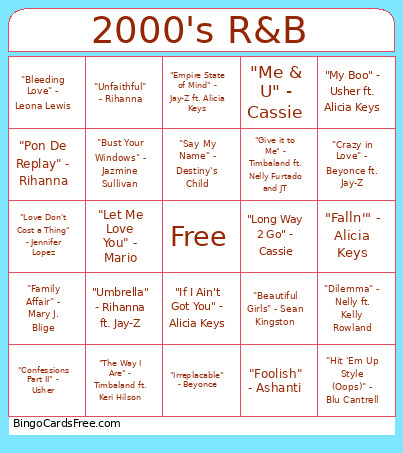 2000's R&b Bingo Card