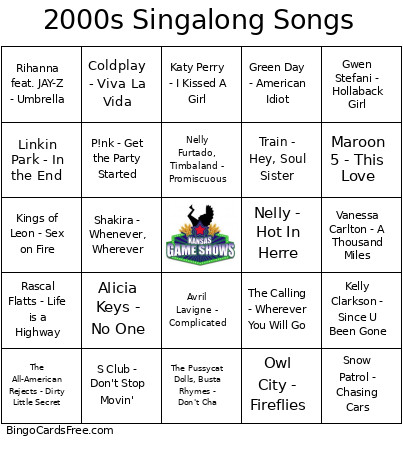2000s Singalong Songs Bingo Card