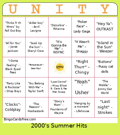 2000s Summer Hits Bingo Card