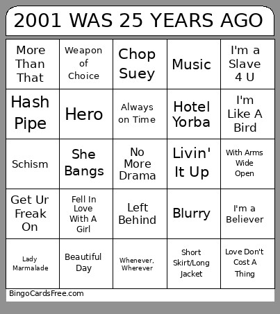 2001 WAS 25 YEARS AGO Bingo Card