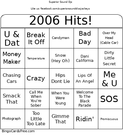 2006 Hits! Bingo Card