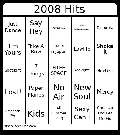 2008 Hits Bingo Card