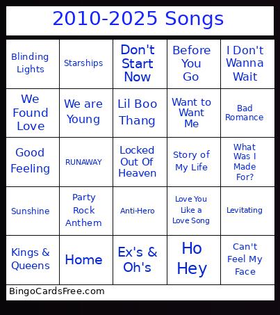 2010-2025 Songs Bingo Card
