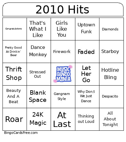 2010 Hits Bingo Card