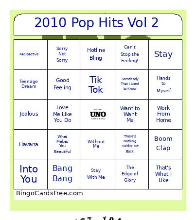 2010 Pop Hits Vol 2 Bingo Card