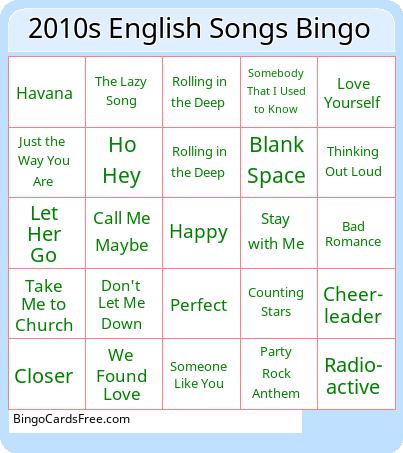 2010s English Songs Bingo Cards Free Pdf Printable Game, Title: 2010s English Songs Bingo