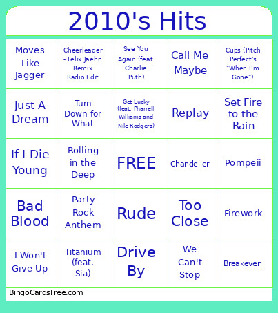 2010's Hits Bingo Card
