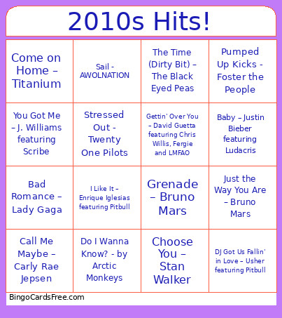 2010s Hits! Bingo Card