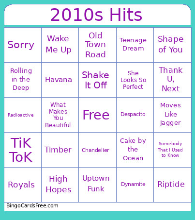 2010s Hits Bingo Card