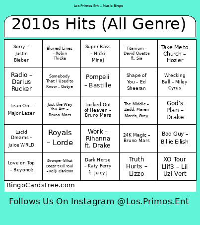 2010s Hits (All Genre) Bingo Card