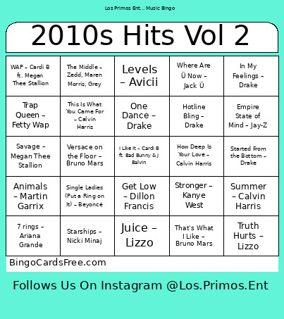 2010s Hits Vol 2 Bingo Card