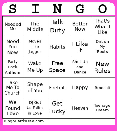 2010s Singo Bingo Card