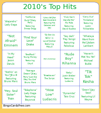 2010's Top Hits Bingo Card