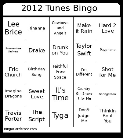 2012 Tunes Bingo Card