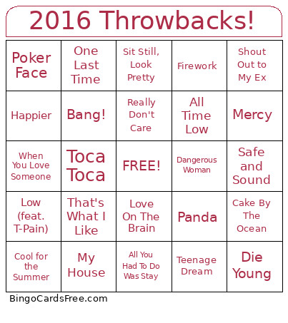 2016 Throwbacks! Bingo Card