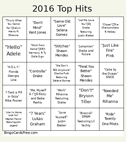 2016 Top Hits Bingo Card