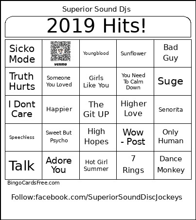 2019 Hits! Bingo Card