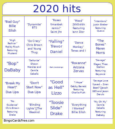 2020 Hits Bingo Card