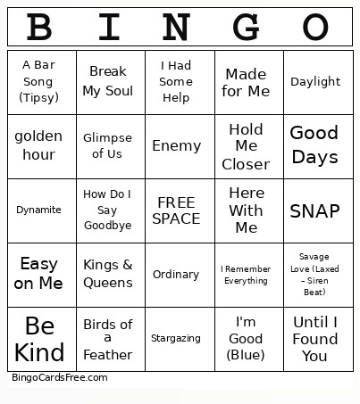 2020 List #4 Bingo Card