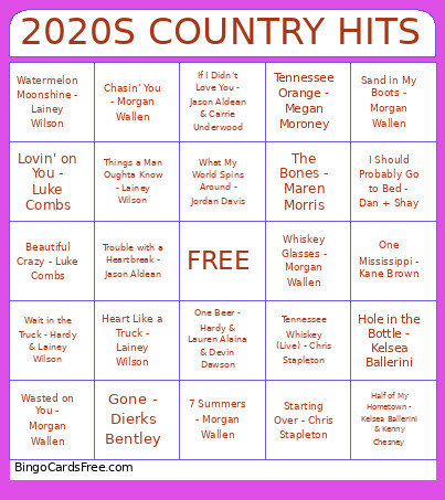 2020S COUNTRY HITS Bingo Card