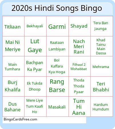 2020s Hindi Songs Bingo Cards Free Pdf Printable Game, Title: 2020s Hindi Songs Bingo