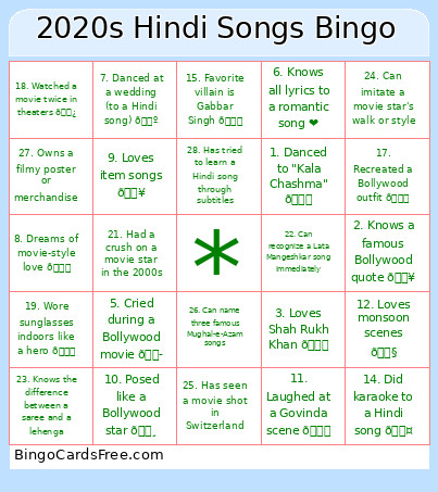 2020s Hindi Songs Bingo Card