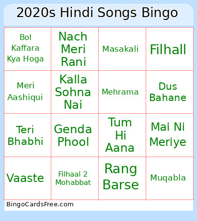 2020s Hindi Songs Bingo Card