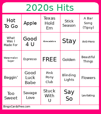 2020s Hits Bingo Card