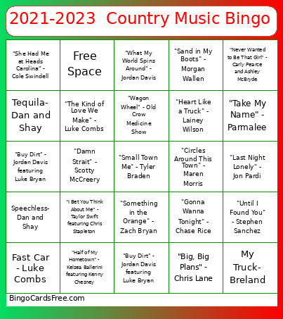 2021-2023 Country Music Bingo Card