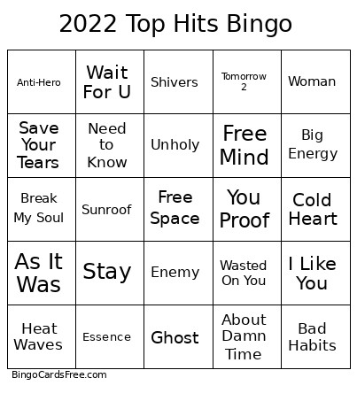 2022 Top Hits Bingo Card
