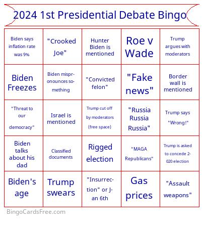 2024 Presidential Debate Bingo Cards Free Pdf Printable Game, Title: 2024 1st Presidential Debate Bingo