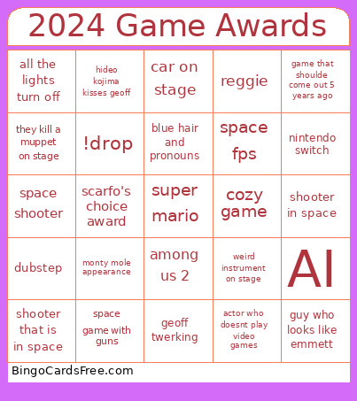 2024 Game Awards Bingo Card