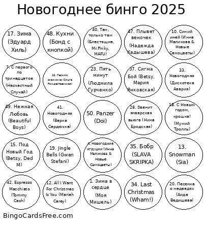 Новогоднее бинго 2025 Bingo Card