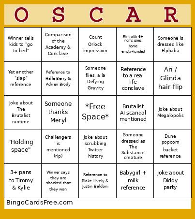 2025 Academy Awards Bingo Card