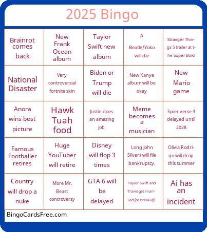 2025 bingo Cards Free Pdf Printable Game, Title: 2025 Bingo