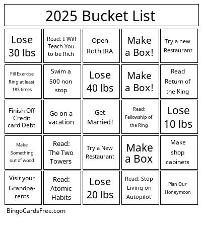 2025 Bucket List Bingo