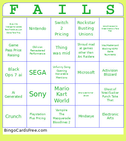 2025 Fails JoshScorcher Bingo Card