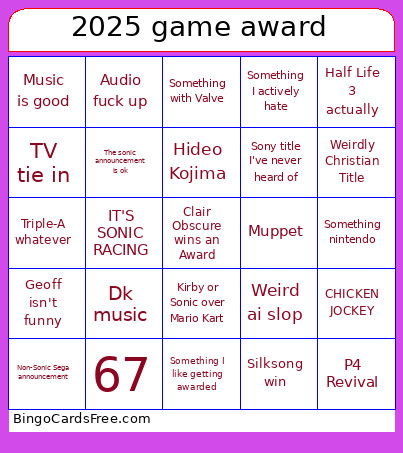 2025 Game Award Bingo Card