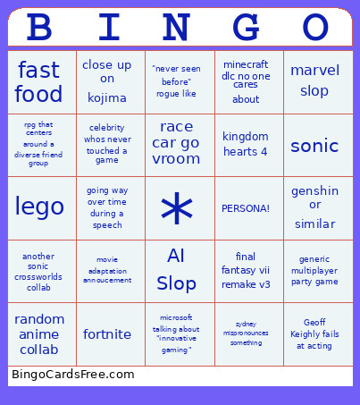 2025 Game Awards Bingo Card