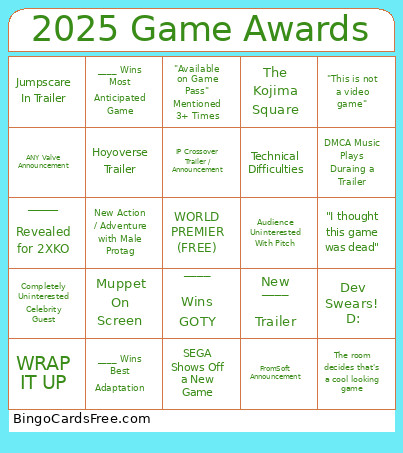2025 Game Awards Bingo Card