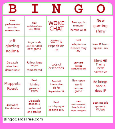 2025 Game Awards Bingo Card