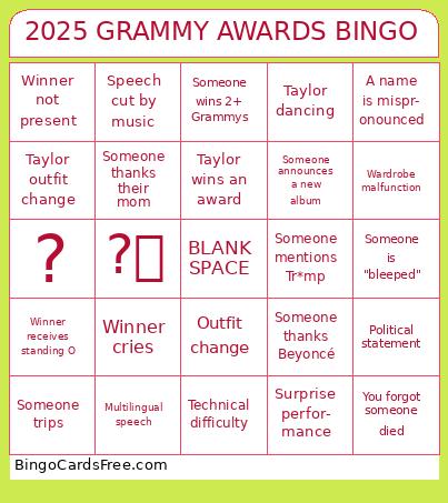 2025 Grammy Awards Bingo Cards Free Pdf Printable Game, Title: 2025 GRAMMY AWARDS BINGO